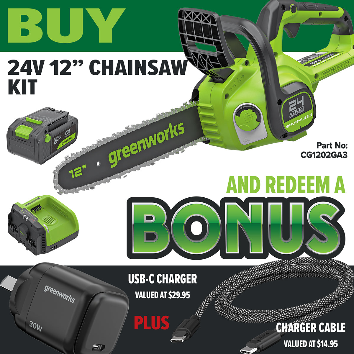 Greenworks 24V 12" Chainsaw Kit