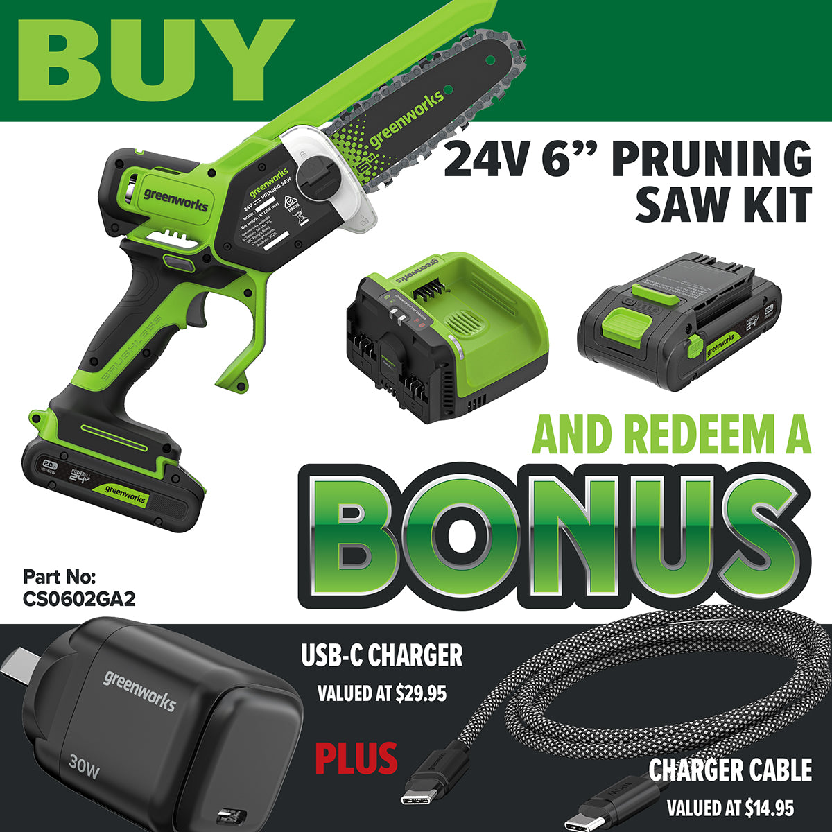 Greenworks 24V 6" Pruning Saw Kit