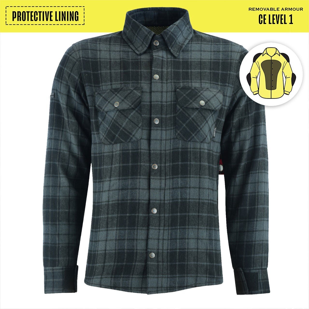 Johnny Reb Man's Nullabor Lining Motorcycle Shirts - Black/Charcoal Check - Large