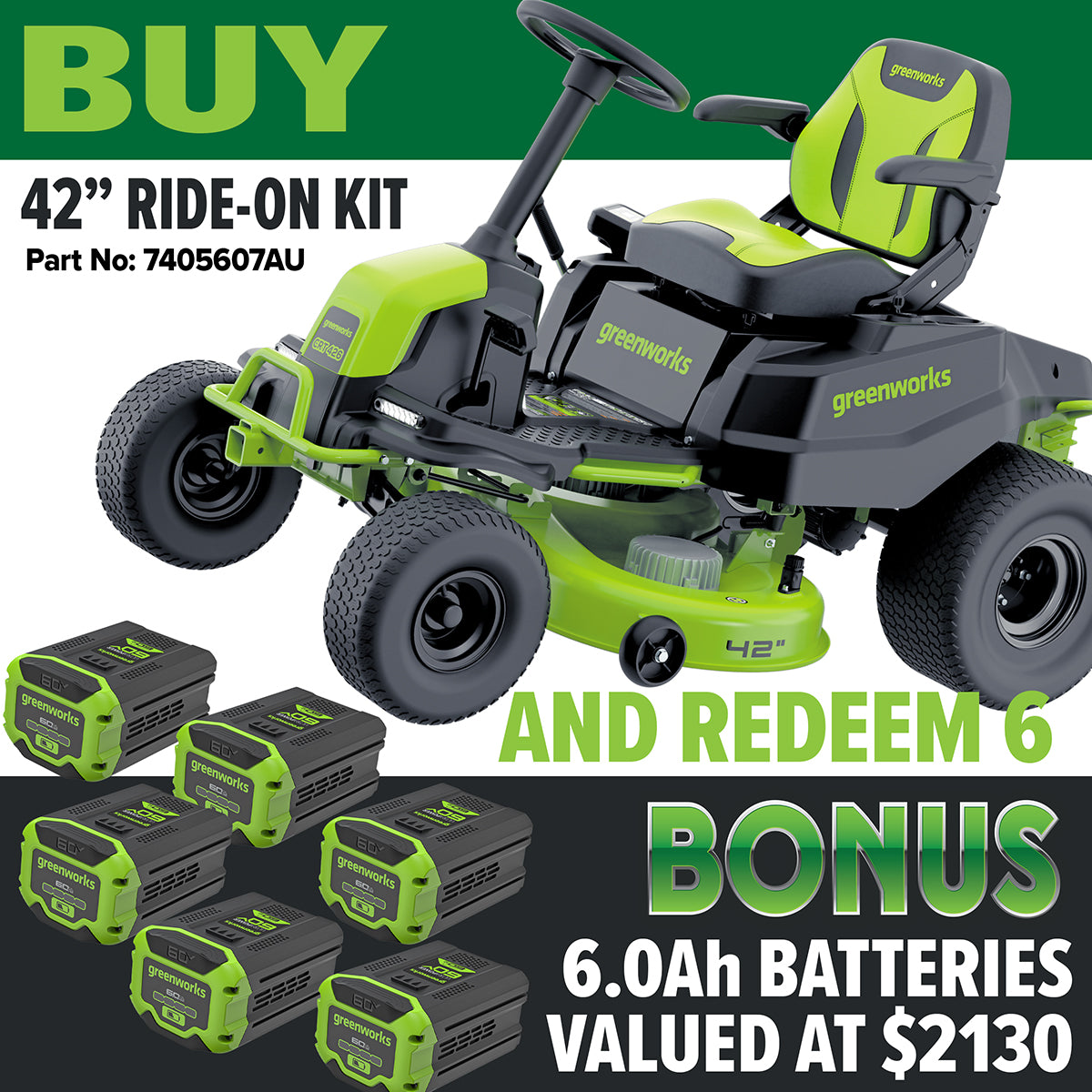 Greenworks 60V Pro 42" Ride-On Lawn Mower Kit - CRT426 Gen 1.5