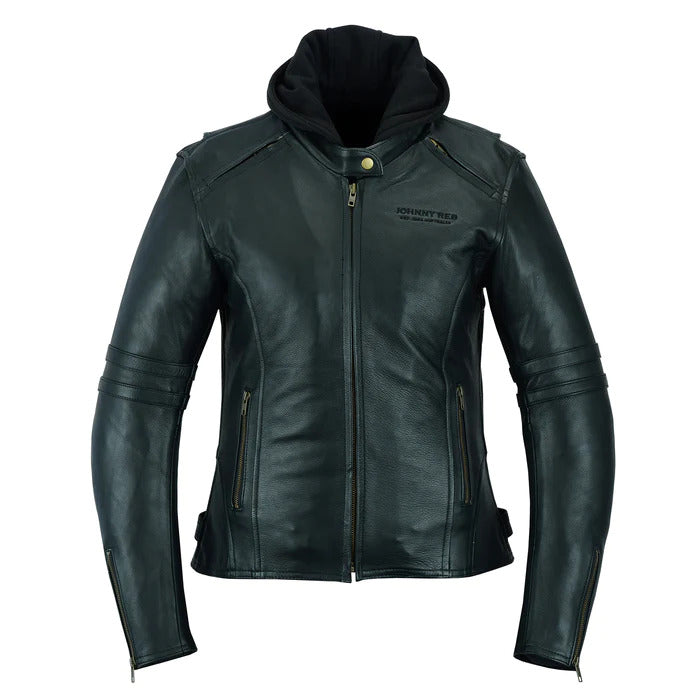 Johnny Reb Women's Hawkebury Removable Hood Motorcycle Leather Jacket - Black - Medium